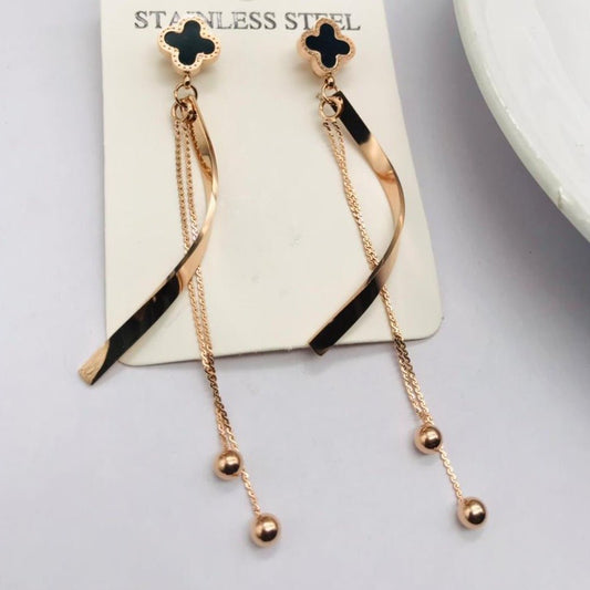 Black Enamel Clover with Hanging Earrings - Zenee.in-Earrings