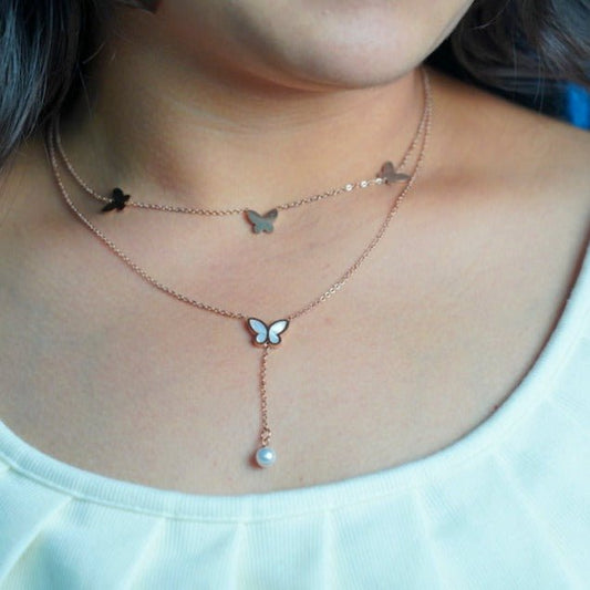 Butterfly With Hanging Pearl Necklace - Zenee-Necklaces