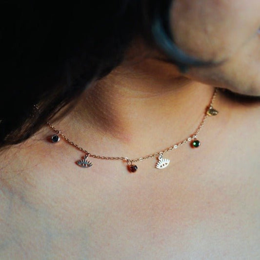 Evil Eye With Small Multi Color Crystal Necklace - Zenee-Necklaces