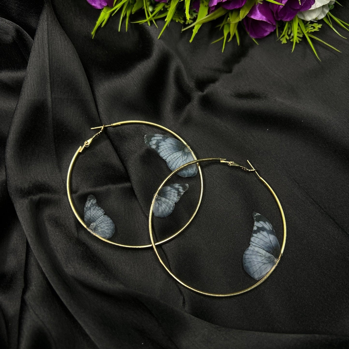 Gold Plated Black Butterfly Hoop Earrings - Zenee.in-Earrings