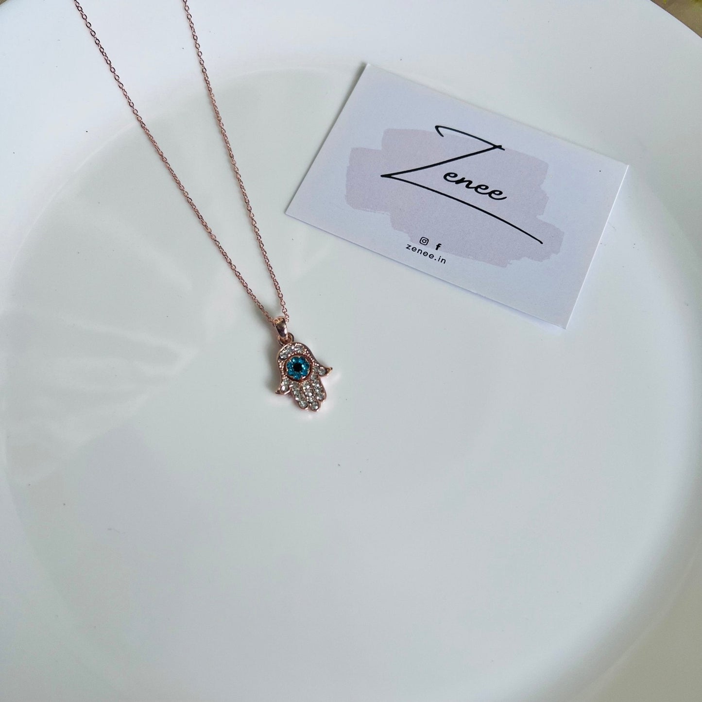 Hamsa Hand and Blue Eye Pendant Necklace - Zenee.in-Necklaces