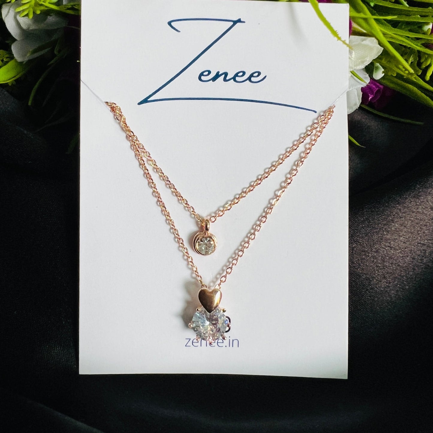 Heart And Crystal Pendant Double Layer Necklace - Zenee.in-Necklaces