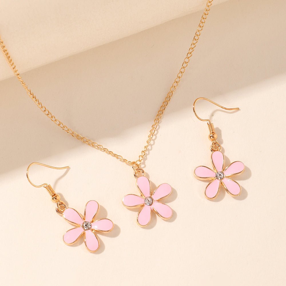 Pink Daisy Flower Necklace and Earrings Set - Zenee.in-Jewelry Sets