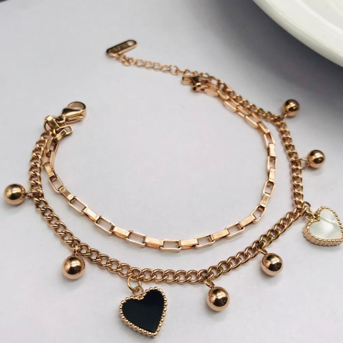 Black And White Heart Double Layer Link Bracelet - Zenee.in-Bracelets