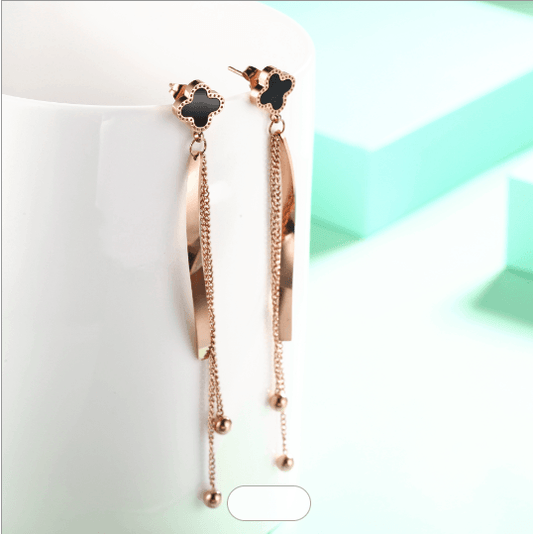 Black Enamel Clover with Hanging Earrings - Zenee.in-Earrings