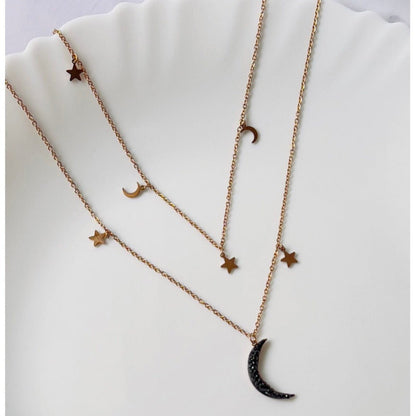 Black Moon And Star Double Layer Necklace - Zenee.in-Necklaces