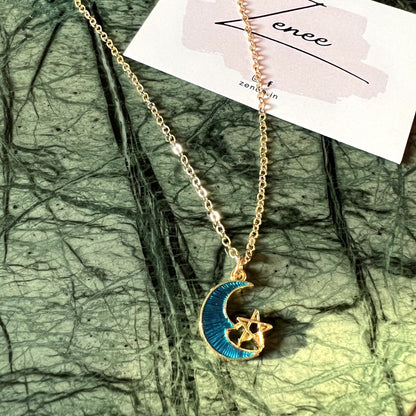 Blue Moon Croissant & Star Necklace - Zenee.in-Necklaces