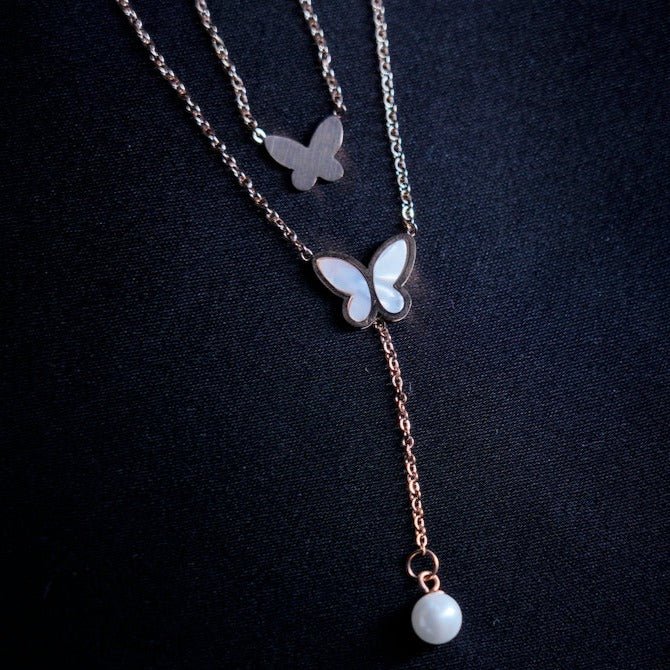 Butterfly With Hanging Pearl Necklace - Zenee-Necklaces