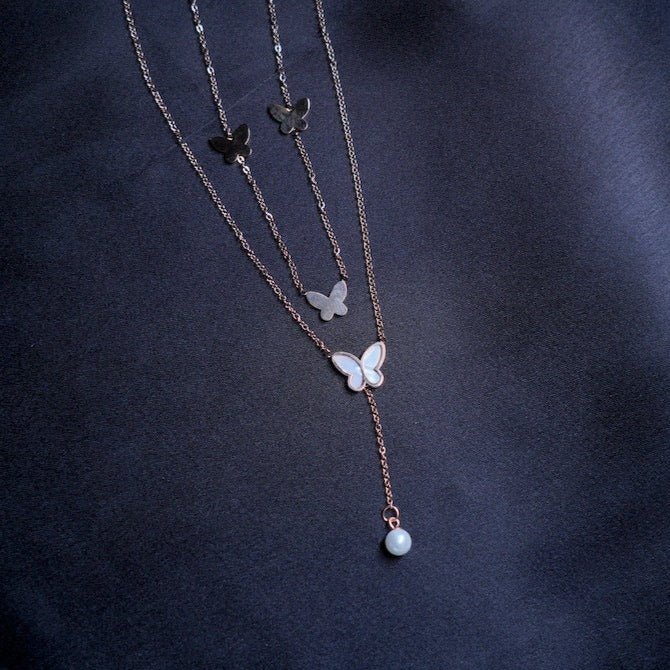 Butterfly With Hanging Pearl Necklace - Zenee-Necklaces