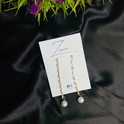 Cream Crystals Hanging With Pearl Earrings - Zenee.in-Earrings