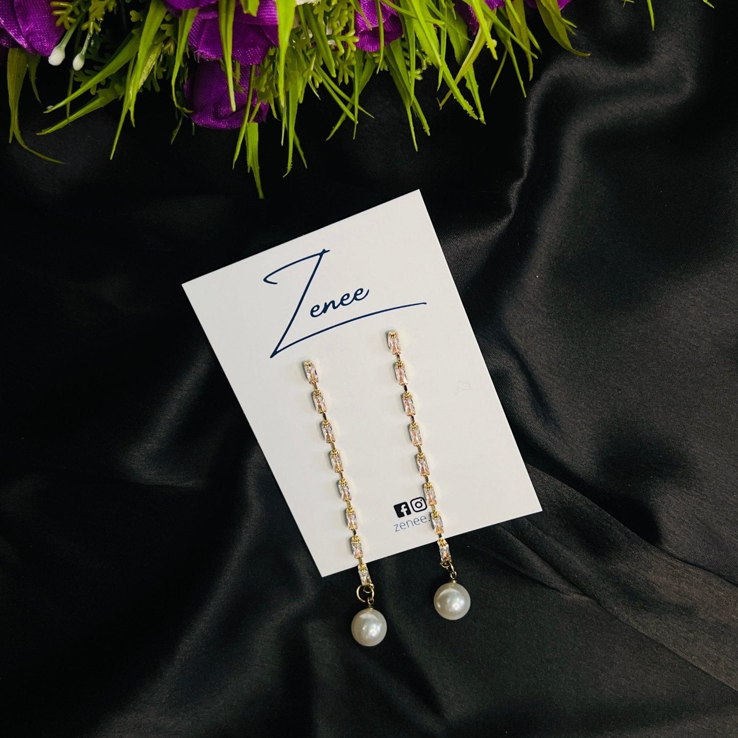 Cream Crystals Hanging With Pearl Earrings - Zenee.in-Earrings