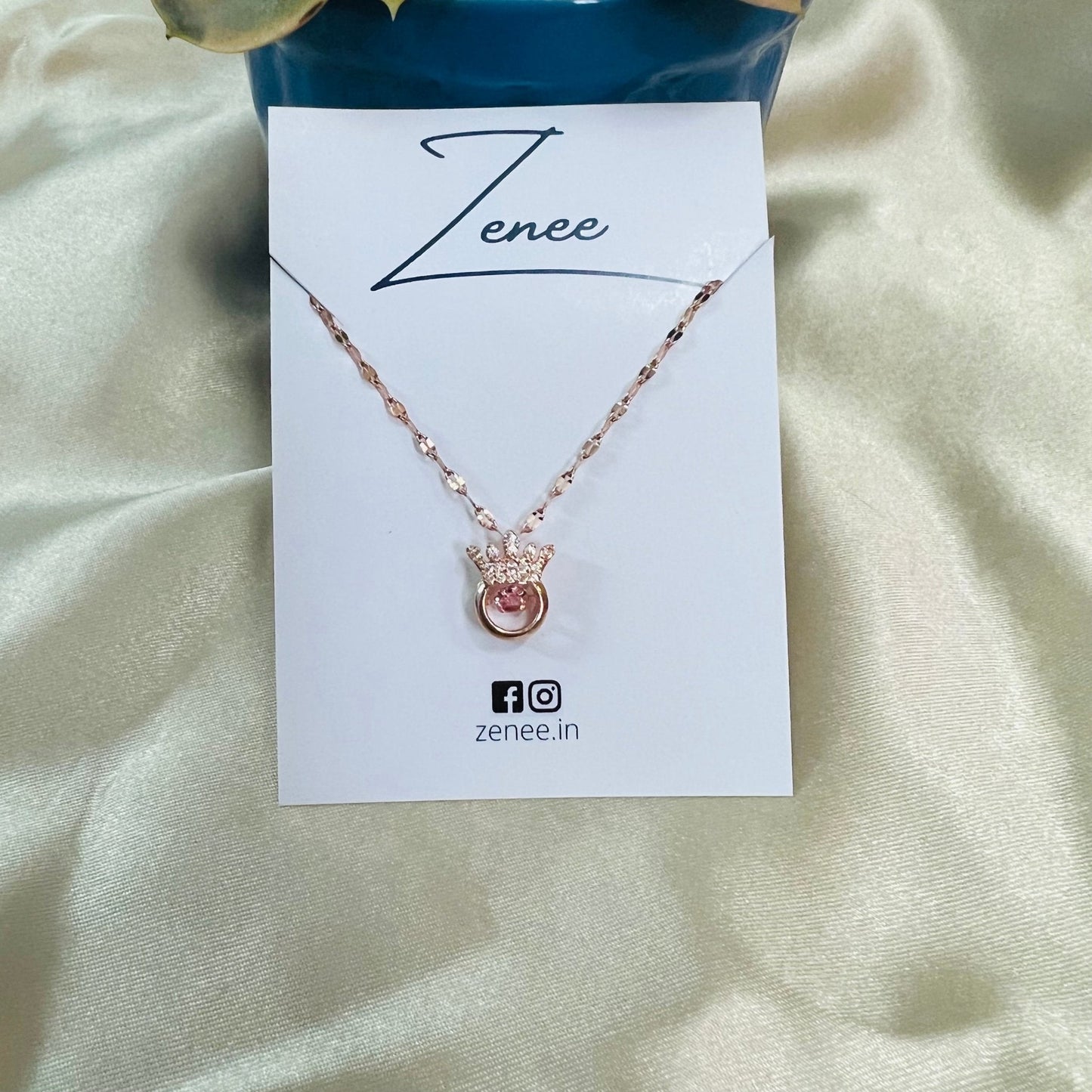 Crown Pendant With Pink Stone Necklace - Zenee.in-Necklaces