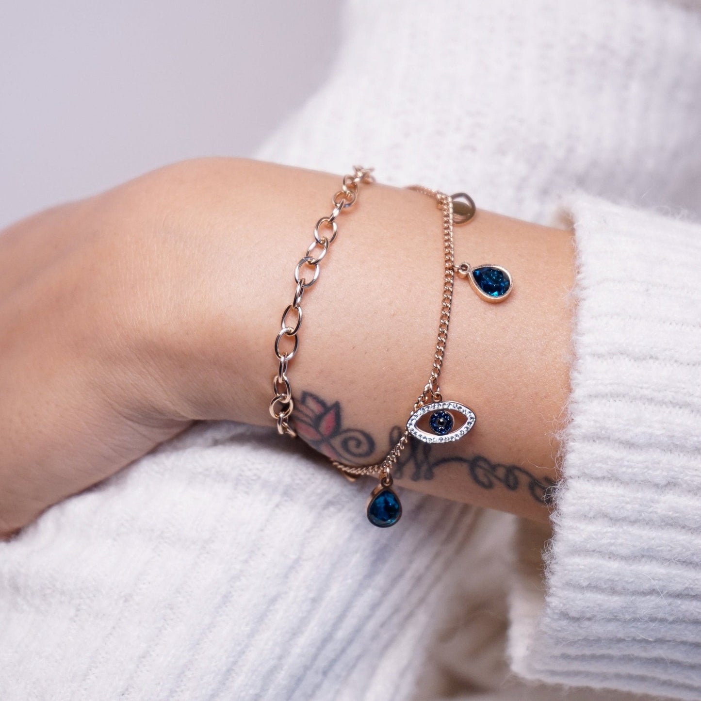 Evil Eye And Sapphire Double Layer Link Bracelet - Zenee.in-Bracelets