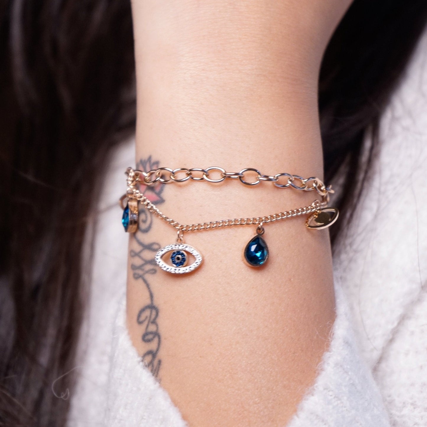 Evil Eye And Sapphire Double Layer Link Bracelet - Zenee.in-Bracelets