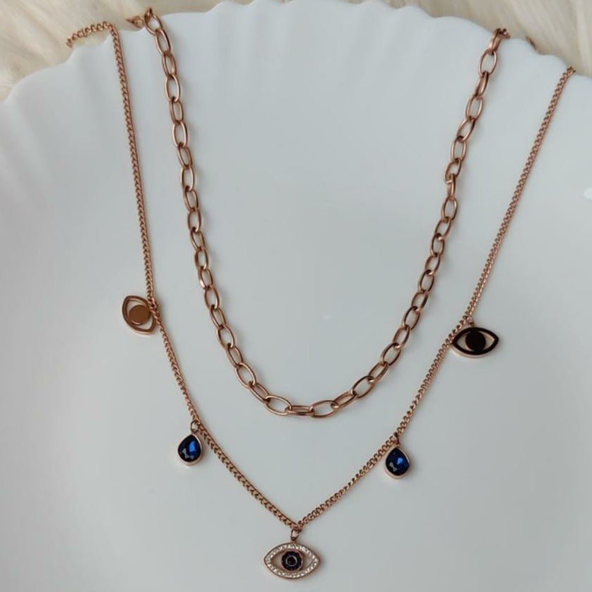 Evil Eye And Sapphire Double Layer Necklace - Zenee.in-Necklaces