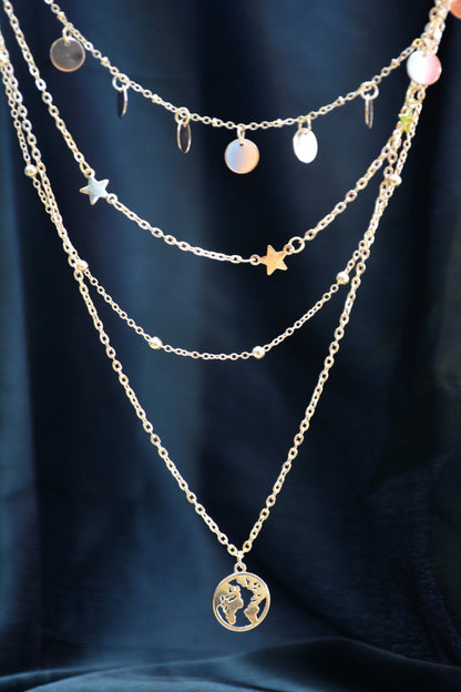 Four Layered Necklace with Circle Star Round Charms and Globe Pendant - Zenee.in-Necklaces