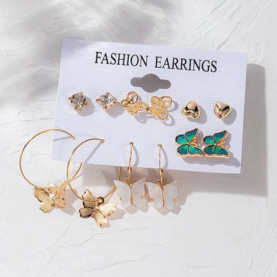 Green Butterfly Geometric Pearl Earing Set - Zenee.in-Earrings