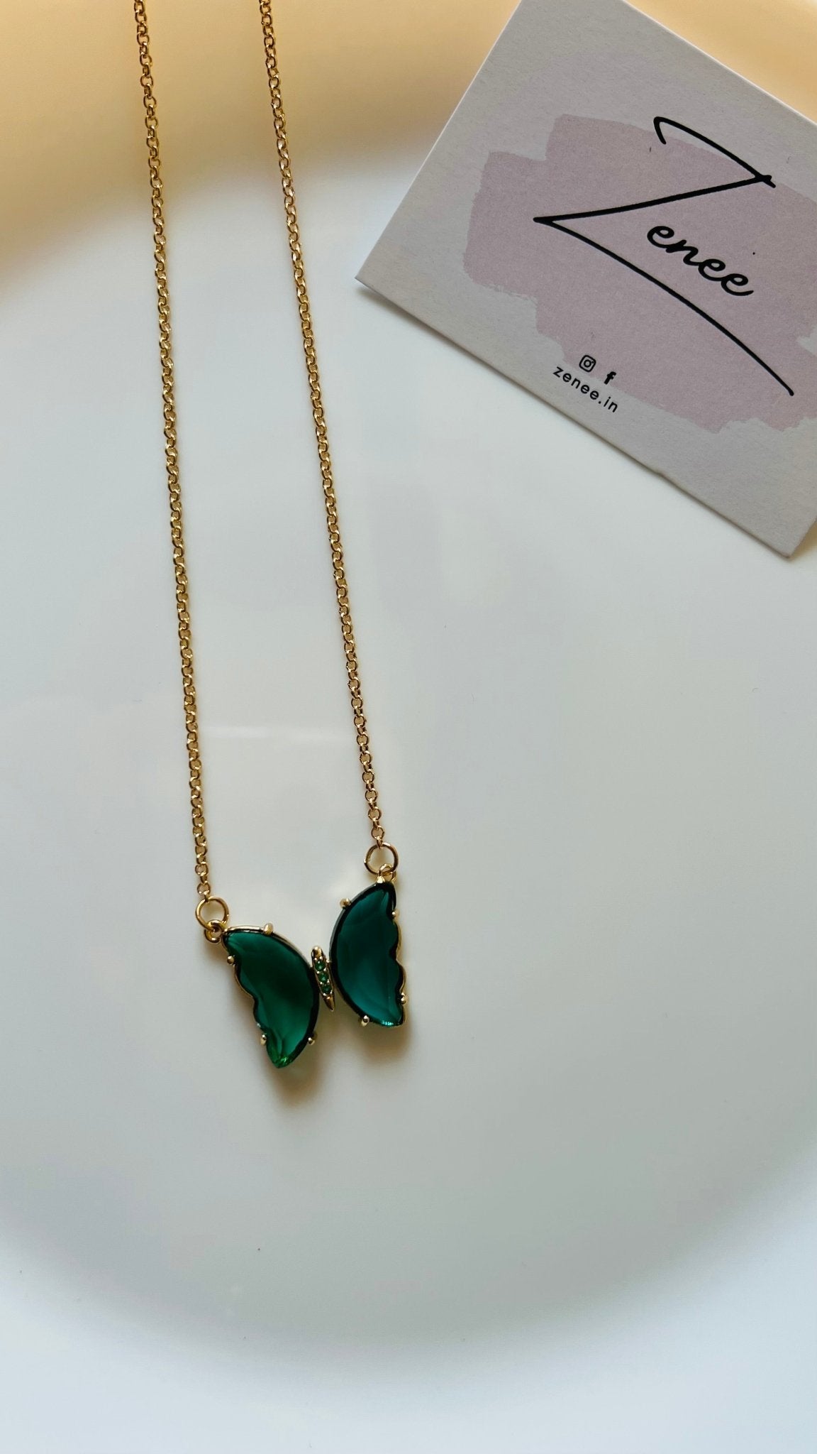 Green Crystal Butterfly Necklace - Zenee.in-Necklaces