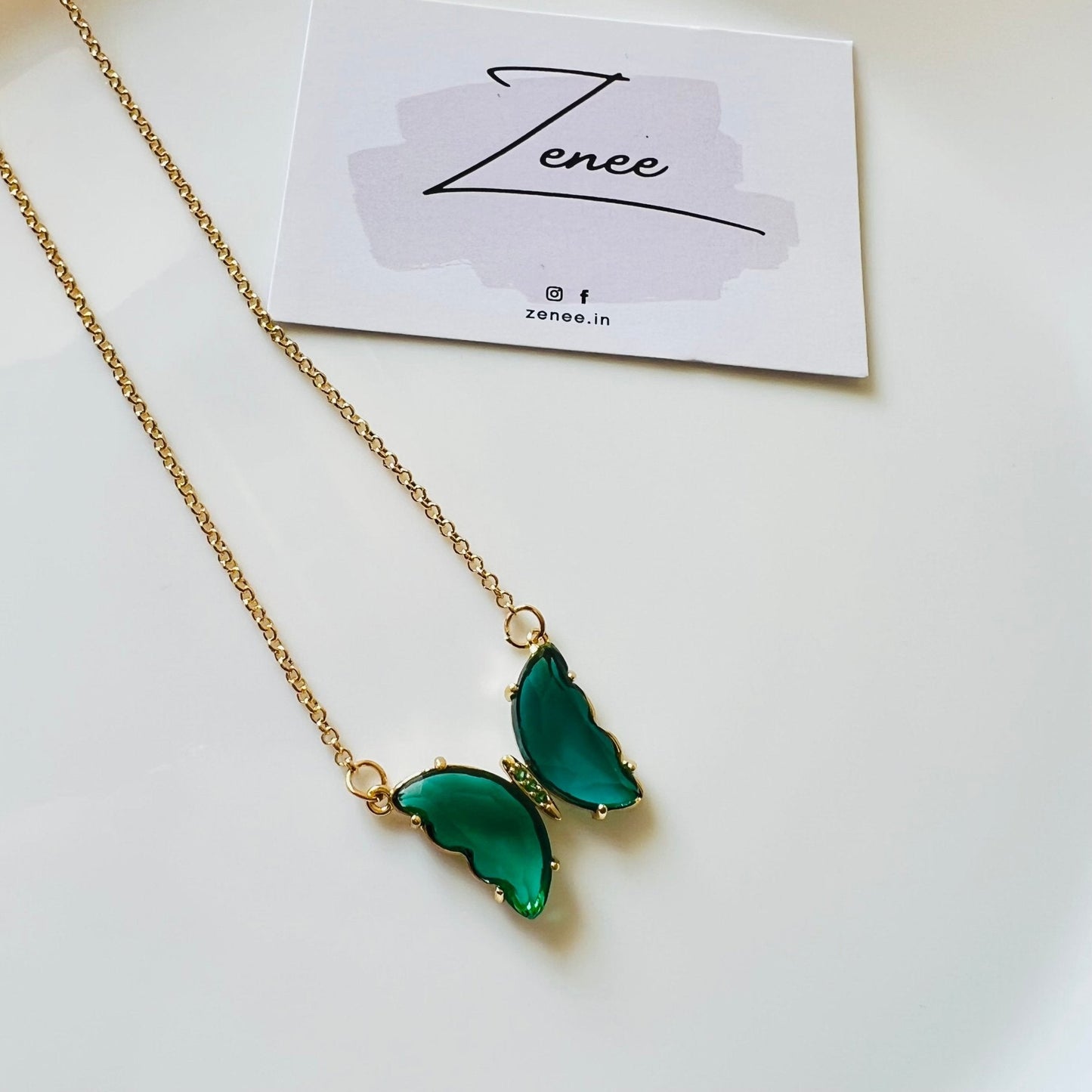 Green Crystal Butterfly Necklace - Zenee.in-Necklaces