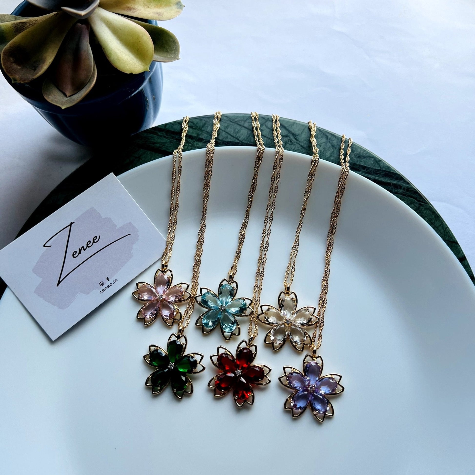 GreenCrystal Flower Necklace - Zenee.in-Necklaces