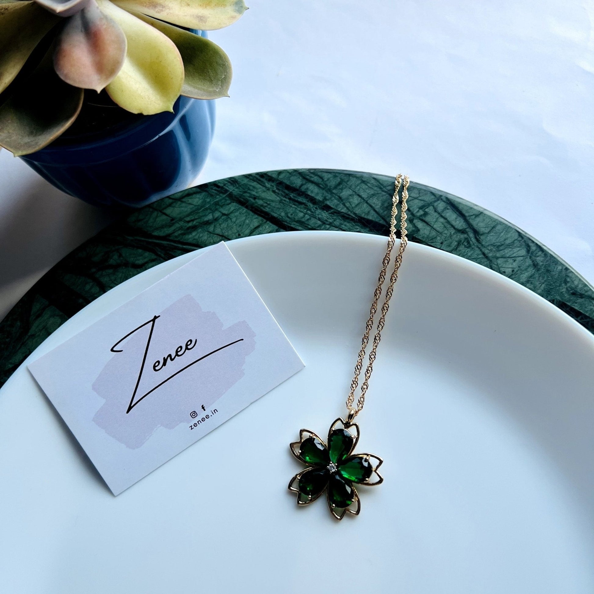 GreenCrystal Flower Necklace - Zenee.in-Necklaces