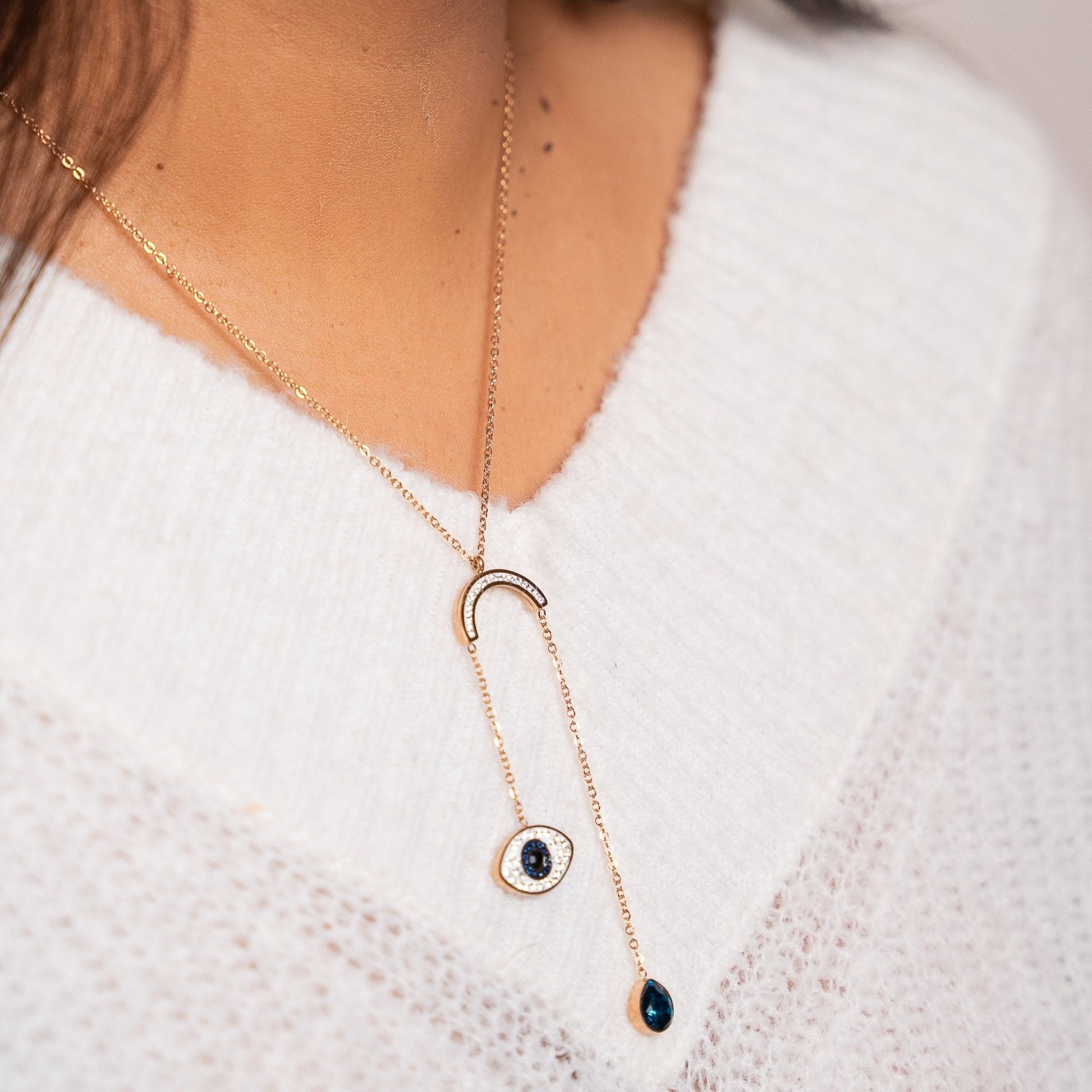 Hanging Evil Eye and Sapphire Necklace - Zenee.in-Necklaces