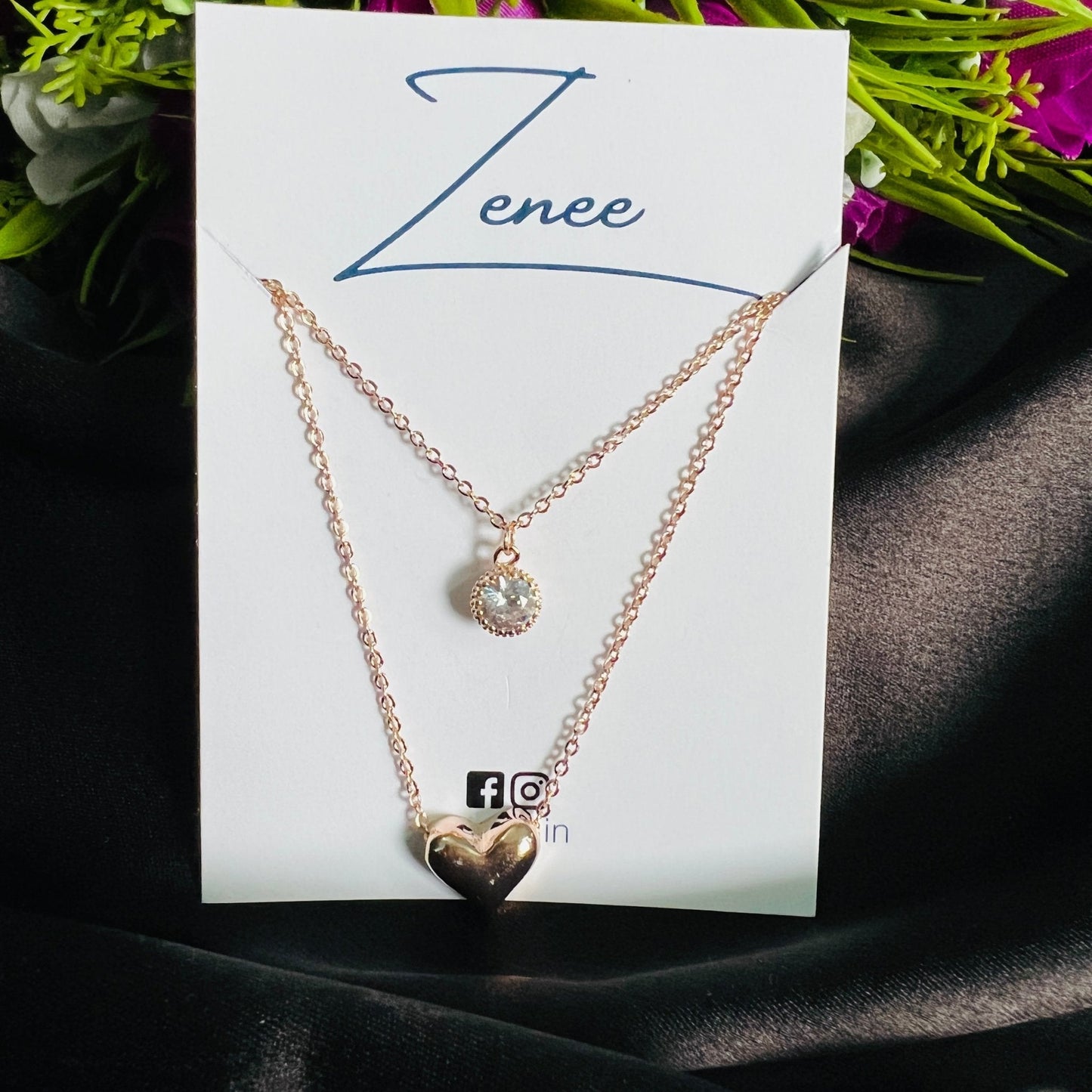 Heart And Crystal Pendant Double Layer Necklace - Zenee.in-Necklaces