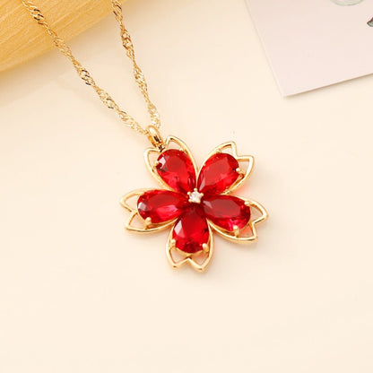 Red Crystal Flower Necklace - Zenee.in-Necklaces