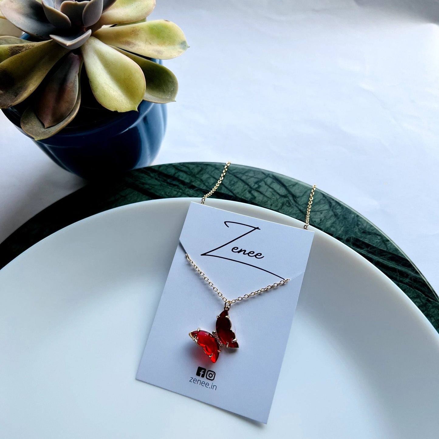 Red Crystal Hanging Butterfly Necklace - Zenee.in-Necklaces