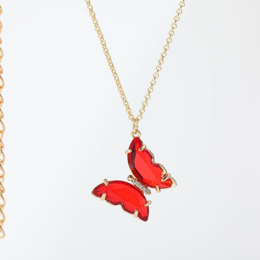 Red Crystal Hanging Butterfly Necklace - Zenee.in-Necklaces