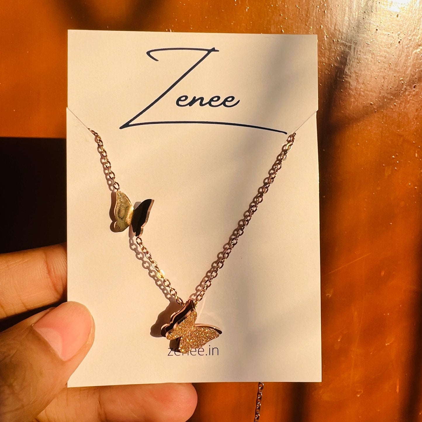 Two Step Metal Butterfly Pendant Necklace - Zenee.in-Necklaces