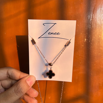 White And Black Clover Pendant With Cubic Necklace - Zenee.in-Necklaces