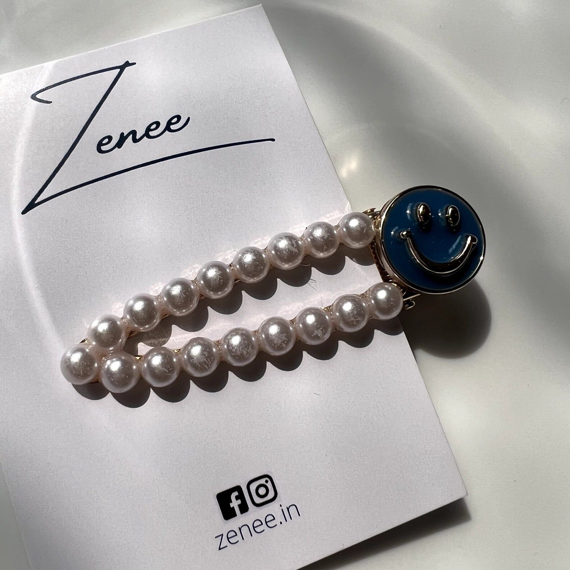 White Pearl With Blue Smile Face Hair Clip - Zenee.in-Hair Accessories