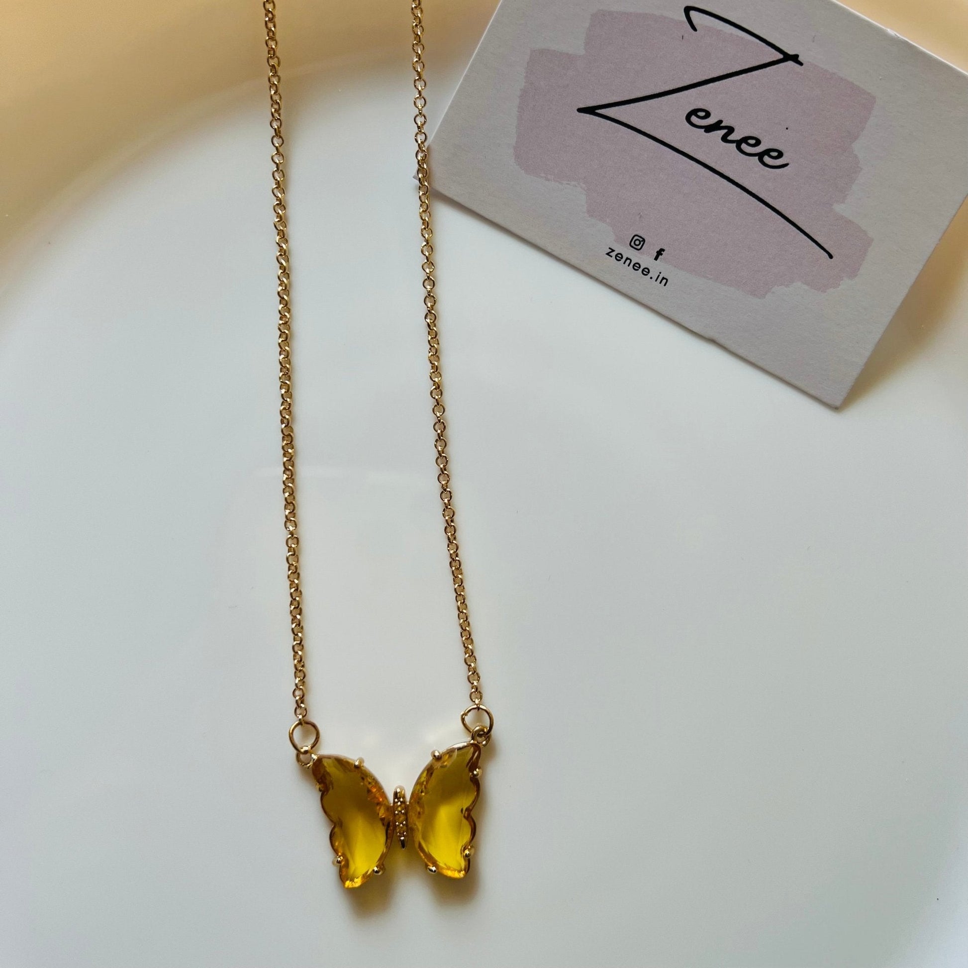 Yellow Crystal Butterfly Necklace - Zenee.in-Necklaces