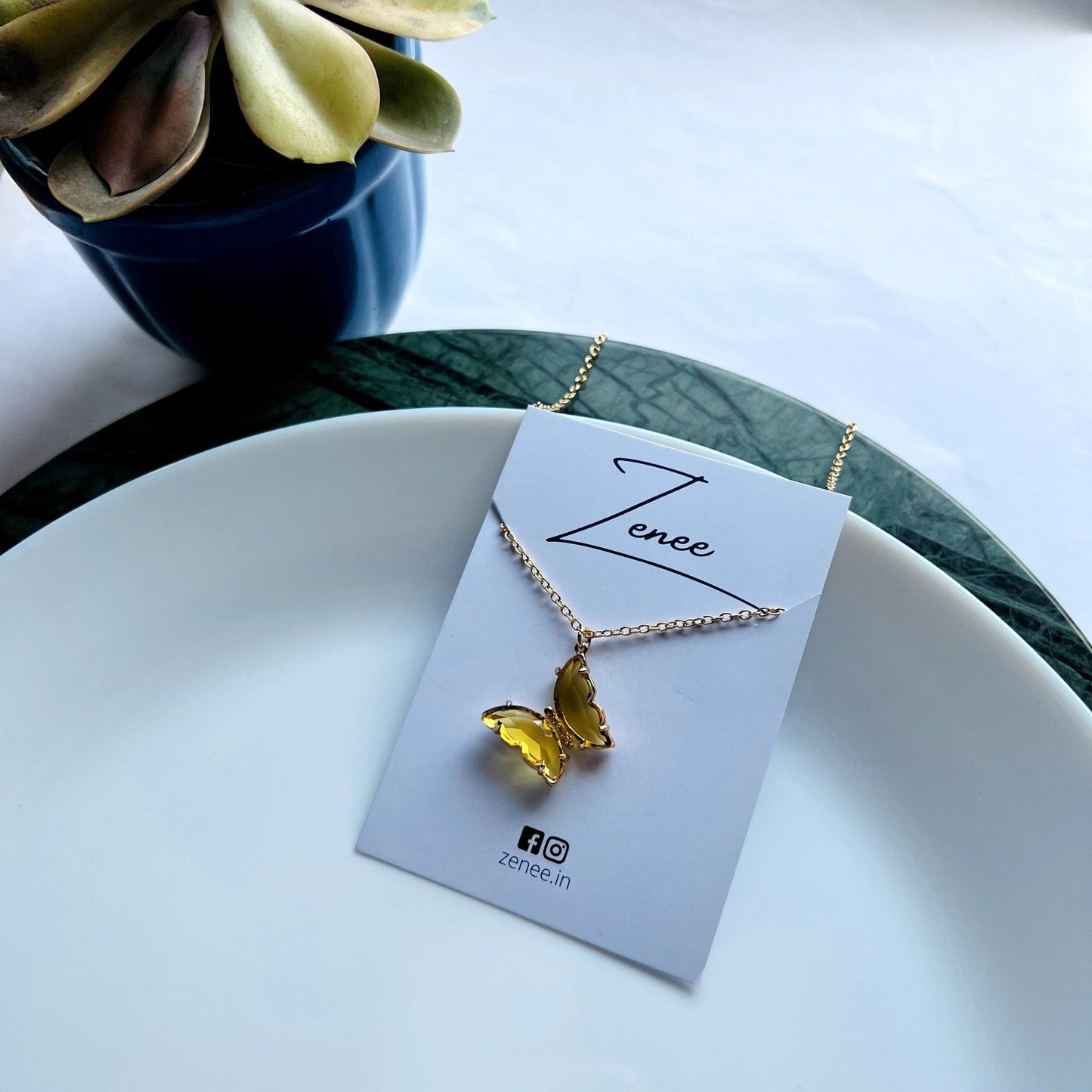 Yellow Crystal Hanging Butterfly Necklace - Zenee.in-Necklaces